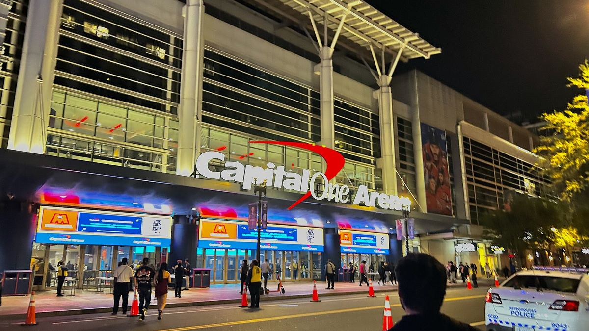 Capital One Arena in Washington, home of the Wizards, seen from the street.