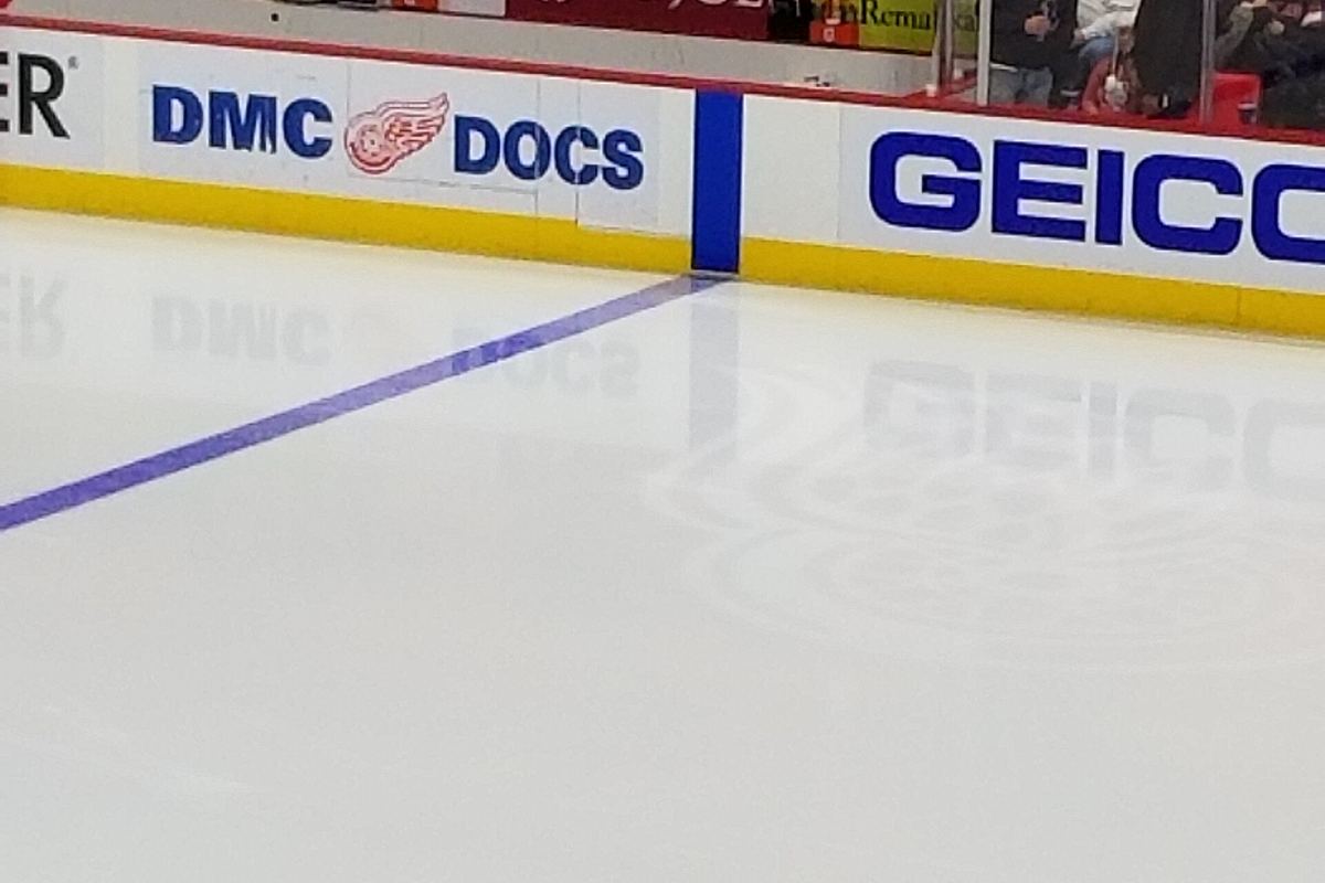 Dylan Larkin in a Detroit Red Wings jersey skating during a game.