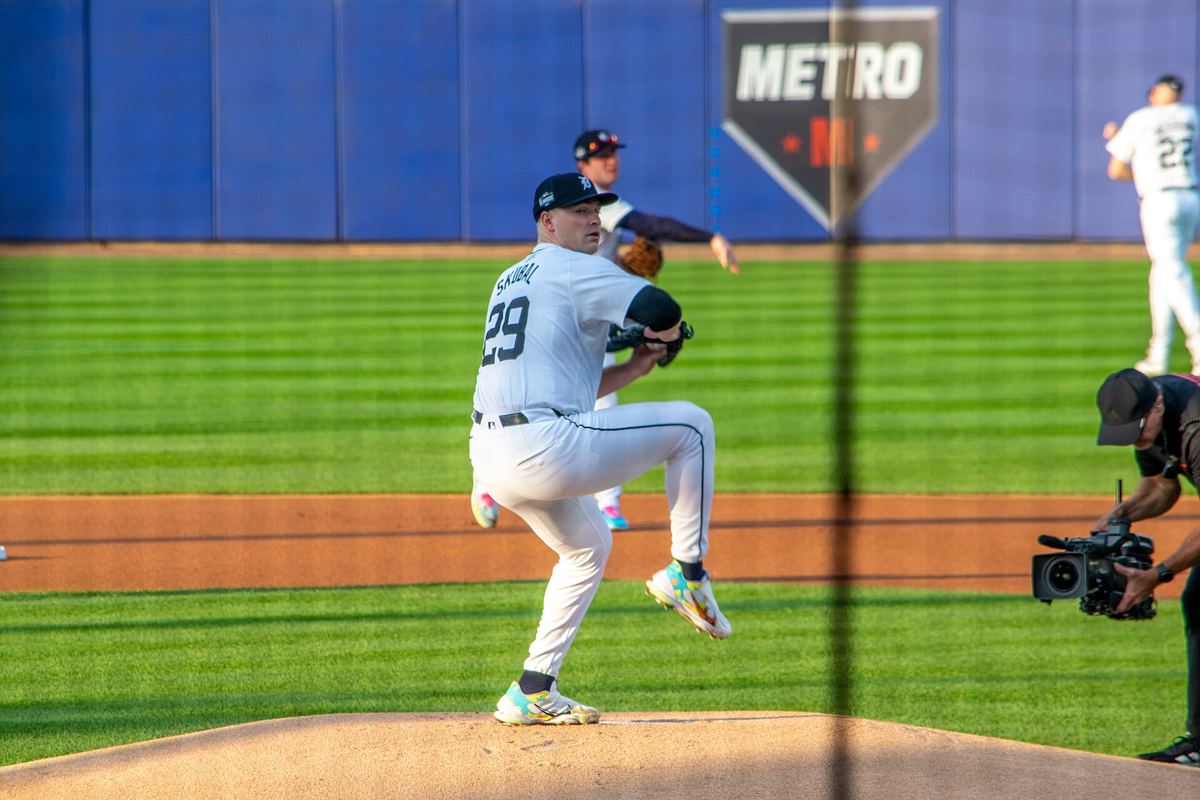 Tarik Skubal pitching in a game, in mid-delivery on the mound.