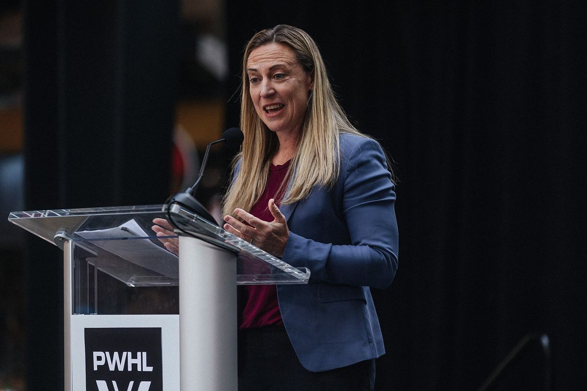 Jayna Hefford, the PWHL's executive vice president of hockey operations, speaking at a league event.